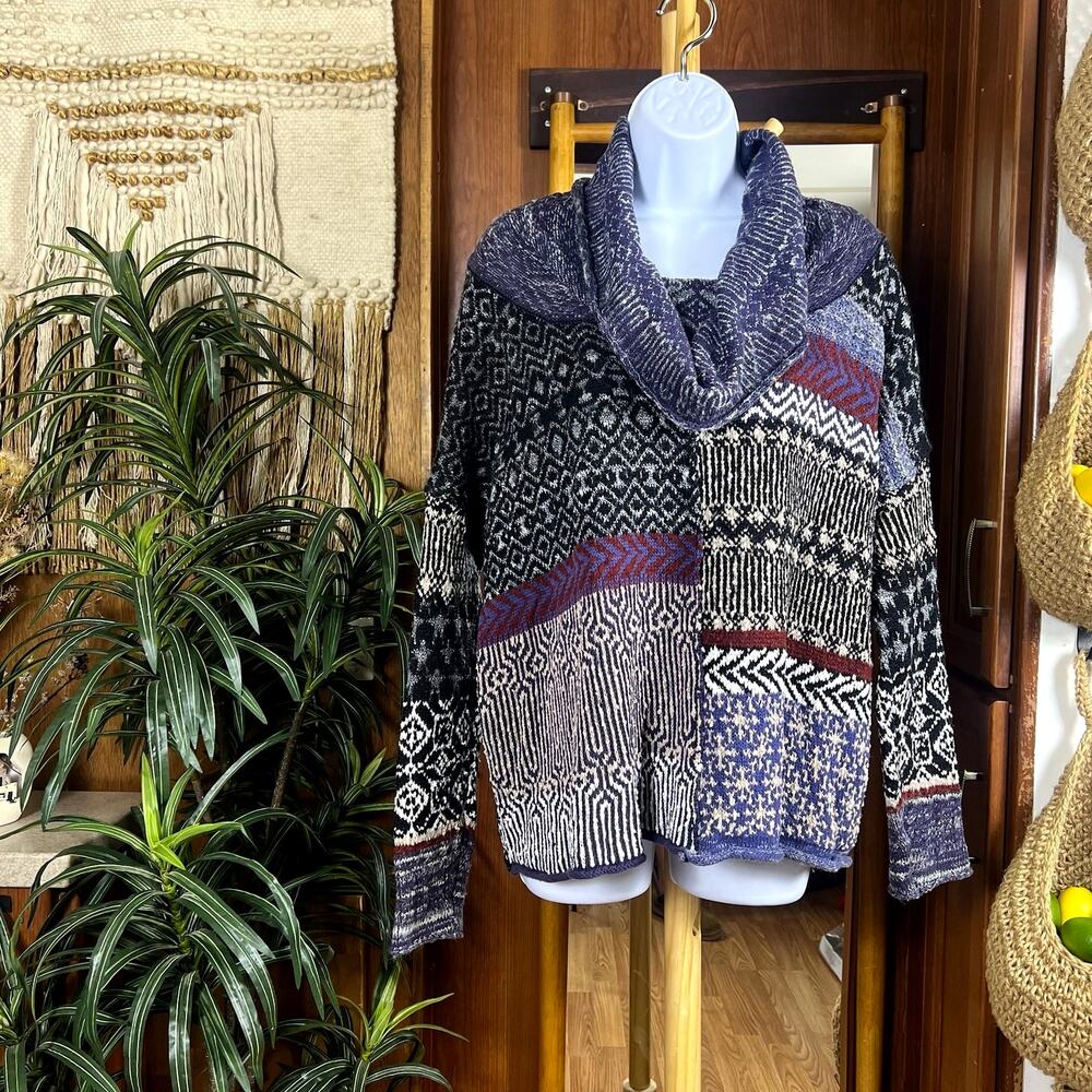 Free People Patchwork Cowl Sweater Women M Oversized Fair Isle Knit Orphan Black